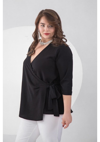 Kadın Büyük Beden Bel Bağlamalı Bluz Siyah