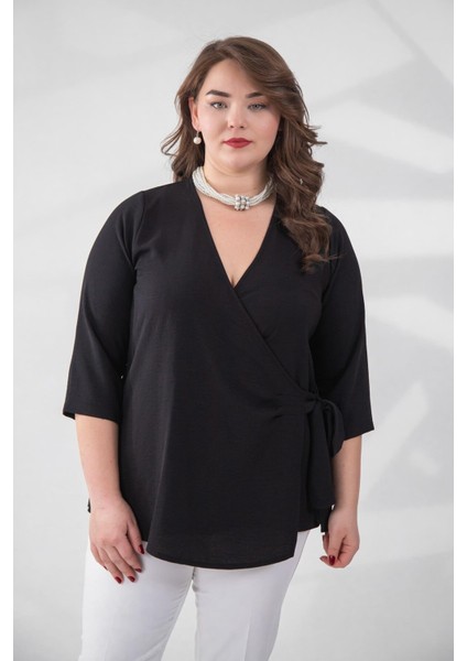 Kadın Büyük Beden Bel Bağlamalı Bluz Siyah