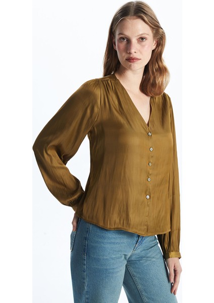 Yeni Sezon V Yaka Saten Kadın Bluz