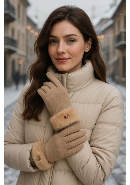 Kürk Detay Kadın Kaşe Eldiven Eld-29 Vizon