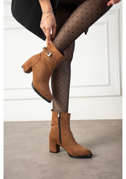 Kadın Taba Süet Lucy Model Yandan Fermuarlı Sivri Burun Kısa Topuklu Bot fiyatları
