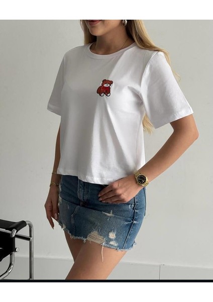 Ayıcıklı Kısa Boy Tişört Kısa Kollu Penye