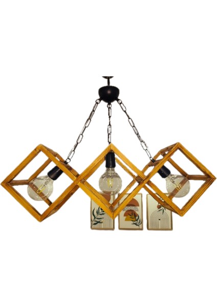 Doğal Eskitme 3'lü Ahşap Kare Çerçeveli Avize – Siyah Zincir Askılı El Yapımı Aydınlatma