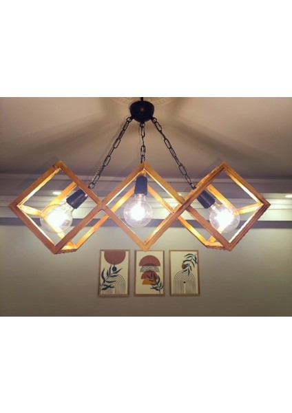 Doğal Eskitme 3'lü Ahşap Kare Çerçeveli Avize – Siyah Zincir Askılı El Yapımı Aydınlatma fiyatları