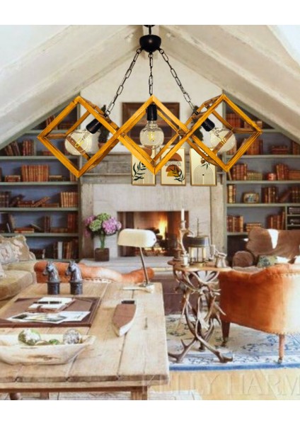 Doğal Eskitme 3'lü Ahşap Kare Çerçeveli Avize – Siyah Zincir Askılı El Yapımı Aydınlatma modelleri