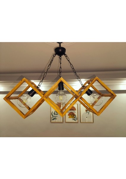 Doğal Eskitme 3'lü Ahşap Kare Çerçeveli Avize – Siyah Zincir Askılı El Yapımı Aydınlatma fırsatları