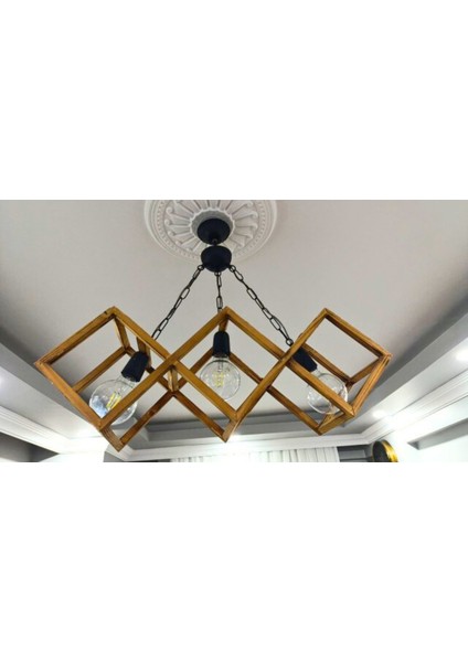 Doğal Eskitme 3'lü Ahşap Kare Çerçeveli Avize – Siyah Zincir Askılı El Yapımı Aydınlatma indirimleri