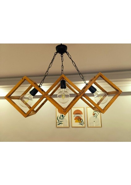 Doğal Eskitme 3'lü Ahşap Kare Çerçeveli Avize – Siyah Zincir Askılı El Yapımı Aydınlatma