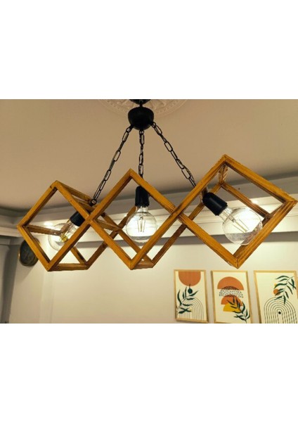 Doğal Eskitme 3'lü Ahşap Kare Çerçeveli Avize – Siyah Zincir Askılı El Yapımı Aydınlatma