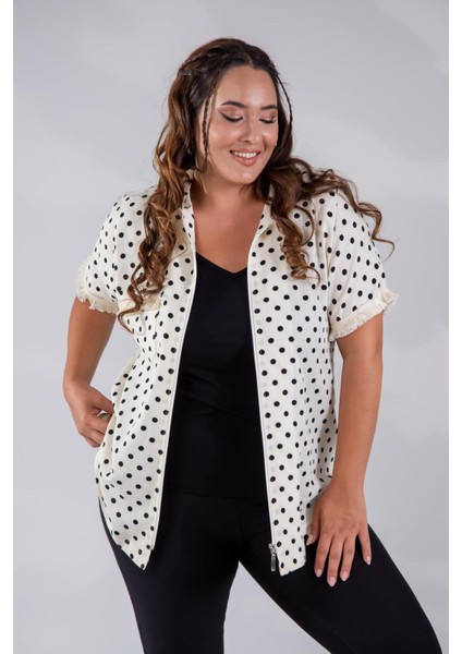 Kadın 8015 Puantiyeli Kapüşonlu Bluz Beyaz