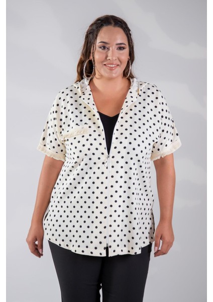 Kadın 8015 Puantiyeli Kapüşonlu Bluz Beyaz indirimleri