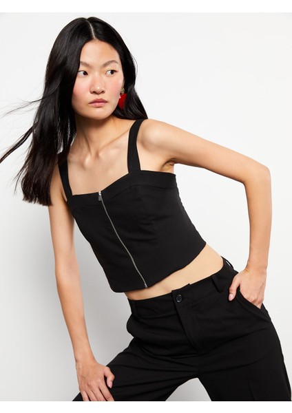 Yeni Sezon Kalp Yaka Düz Askılı Süet Crop Kadın Bluz