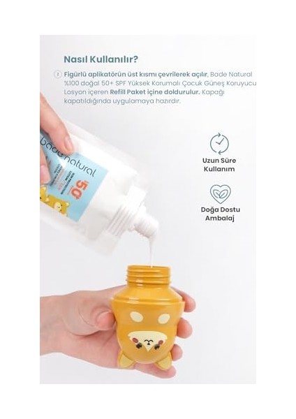 Bade Natural Güneş Koruyucu Losyon Aplikatörü Kedi Figürlü Doldurulabilir Roll On 110 ml modelleri