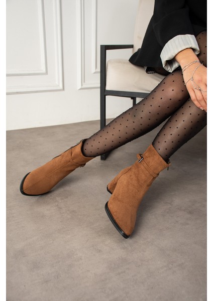 Kadın Taba Süet Lucy Model Yandan Fermuarlı Sivri Burun Kısa Topuklu Bot indirimleri