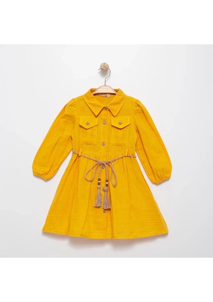 Kız Çocuk Gömlek Yaka Kemerli Elbise