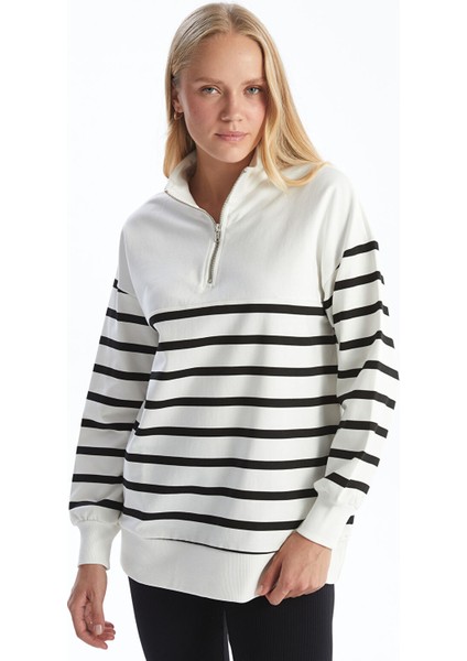 Yeni Sezon Dik Yaka Çizgili Kadın Sweatshirt