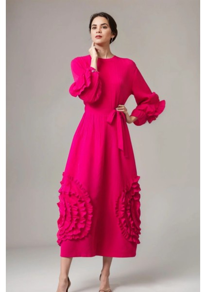 Özel Tasarım Pilili Elbise , Örgü Çiçek Detaylı Kemerli Düz Renk Elbise , Tesettür Giyim Zarif Kadın Elbise