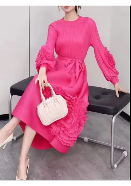 Özel Tasarım Pilili Elbise , Örgü Çiçek Detaylı Kemerli Düz Renk Elbise , Tesettür Giyim Zarif Kadın Elbise fiyatları