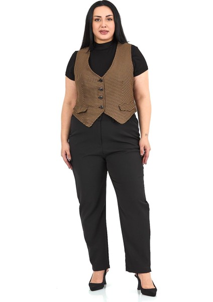 Büyük Beden Düğme Kapamalı Cep Kapaklı Astarlı Kısa Küçük Kazayağı Desenli Vizon Yelek