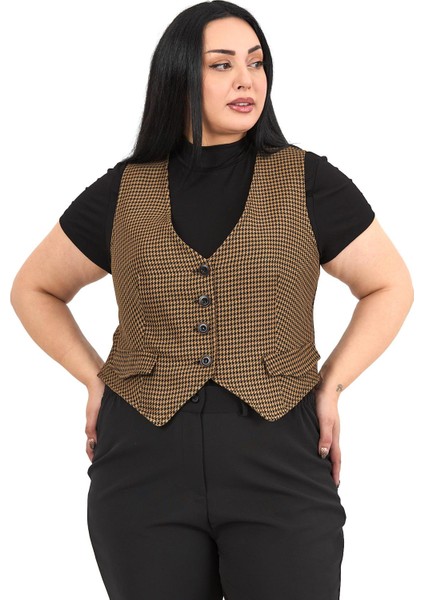 Büyük Beden Düğme Kapamalı Cep Kapaklı Astarlı Kısa Küçük Kazayağı Desenli Vizon Yelek fiyatları