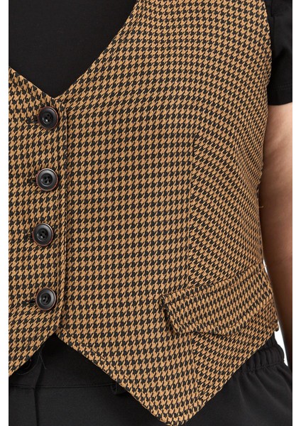 Büyük Beden Düğme Kapamalı Cep Kapaklı Astarlı Kısa Küçük Kazayağı Desenli Vizon Yelek fırsatları