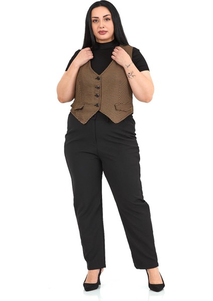 Büyük Beden Düğme Kapamalı Cep Kapaklı Astarlı Kısa Küçük Kazayağı Desenli Vizon Yelek indirimleri