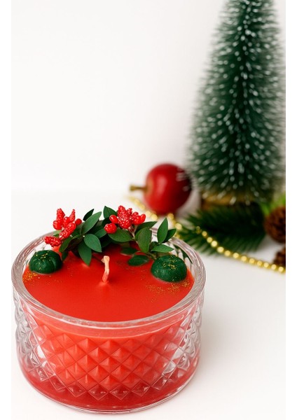 Cam Kasede Yeni Yıl Temalı Renkli Bitkiler ve Yeşil Mini Kabaklarla Süslemeli Kırmızı Soya Mumu