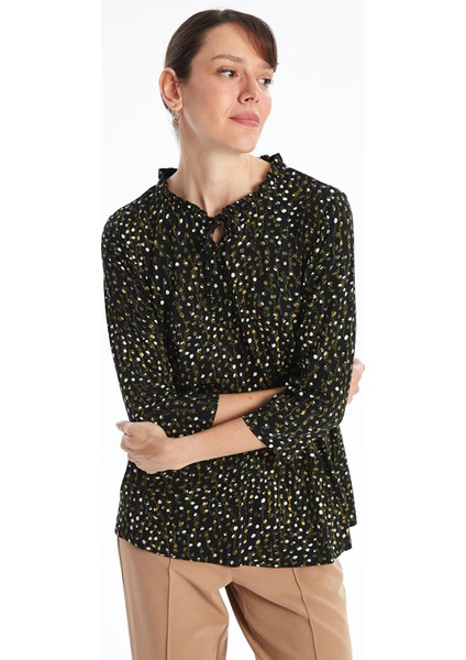 Yeni Sezon Bağlamalı Yaka Desenli Kadın Bluz