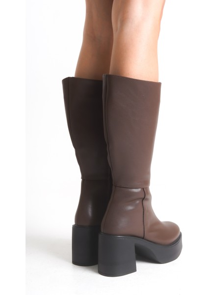 Kalın Yüksek Topuklu Fermuarlı Diz Altı Sade Klasik Kadın Acı Kahve Çizme