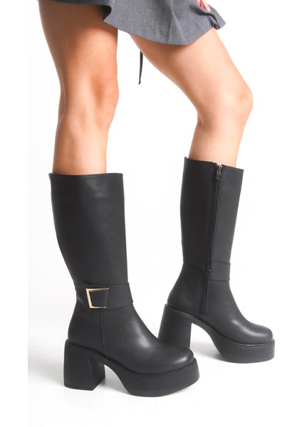 Deri Görünümlü Gold Tokalı Kalın Yüksek Platform Topuklu Fermuarlı Uzun Kadın Siyah Çizme