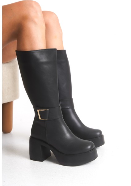 Deri Görünümlü Gold Tokalı Kalın Yüksek Platform Topuklu Fermuarlı Uzun Kadın Siyah Çizme modelleri