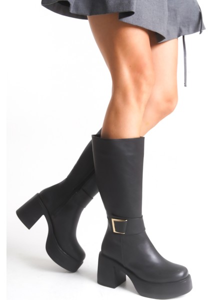 Deri Görünümlü Gold Tokalı Kalın Yüksek Platform Topuklu Fermuarlı Uzun Kadın Siyah Çizme indirimleri