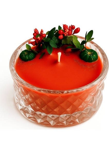 Cam Kasede Yeni Yıl Temalı Renkli Bitkiler ve Yeşil Mini Kabaklarla Süslemeli Kırmızı Soya Mumu fiyatları