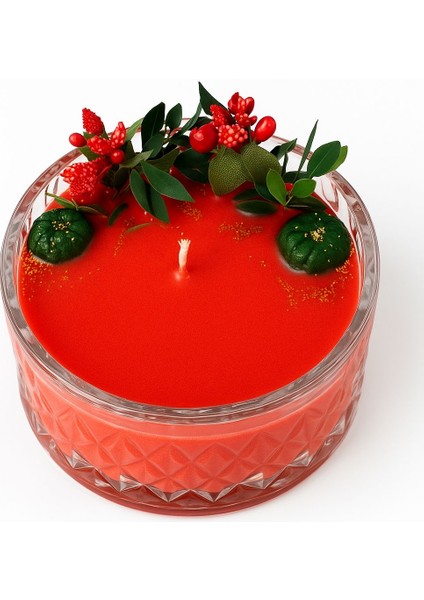 Cam Kasede Yeni Yıl Temalı Renkli Bitkiler ve Yeşil Mini Kabaklarla Süslemeli Kırmızı Soya Mumu modelleri