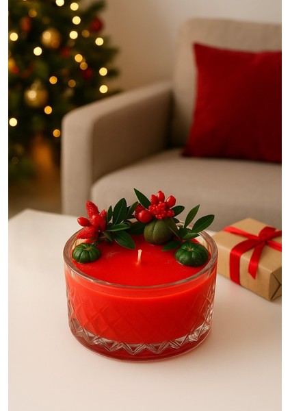 Cam Kasede Yeni Yıl Temalı Renkli Bitkiler ve Yeşil Mini Kabaklarla Süslemeli Kırmızı Soya Mumu fırsatları