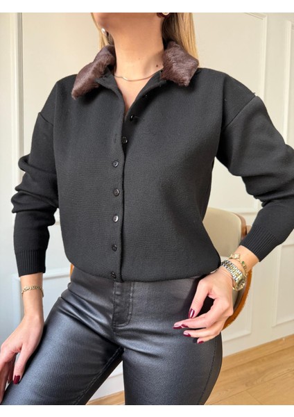 Siyah Kürk Yakalı Hırka