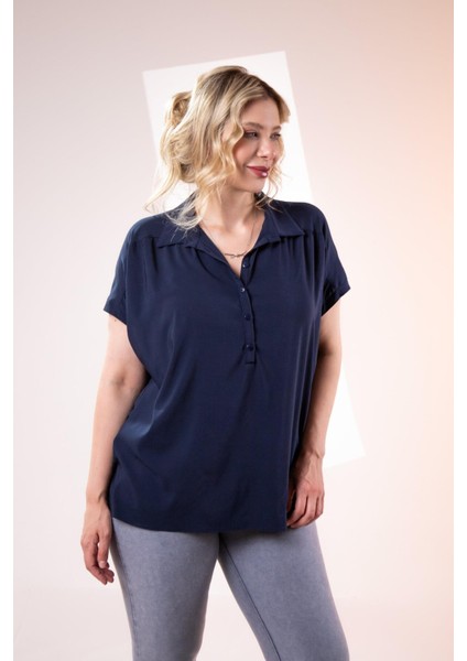 Kadın Büyük Beden Düğme Detaylı Bluz Lacivert Lila modelleri