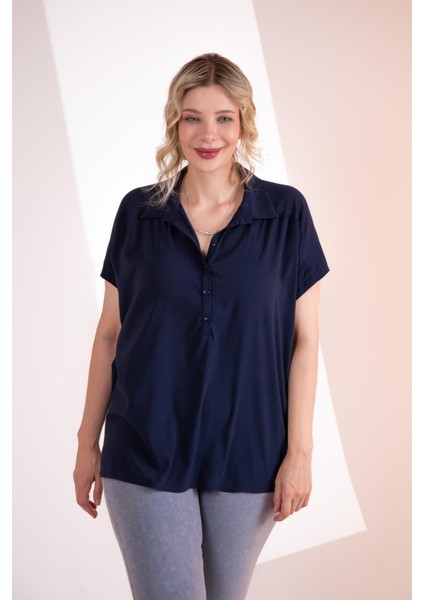 Kadın Büyük Beden Düğme Detaylı Bluz Lacivert Lila fırsatları