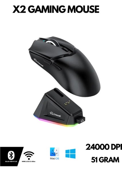 Kablosuz (3 Modlu) 24.000DPI Oyuncu Mouse PAW3311 Sensör Şarj Istasyonlu Grip Tape ve Skatez Hediye