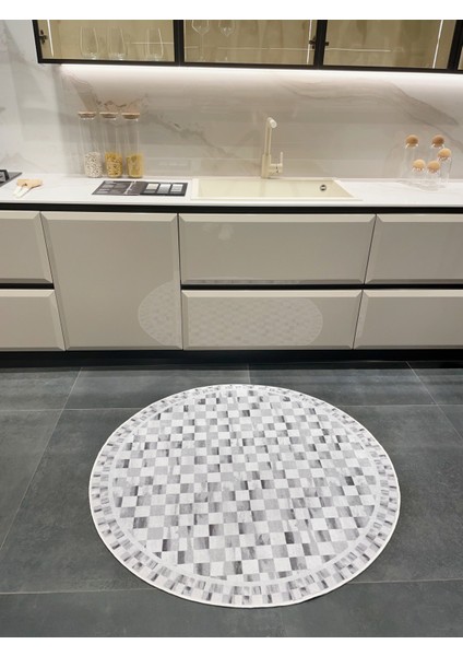 Gri Renk Mackenzie Stili Damalı Lateks Taban Mutfak Halı - Yuvarlak modelleri