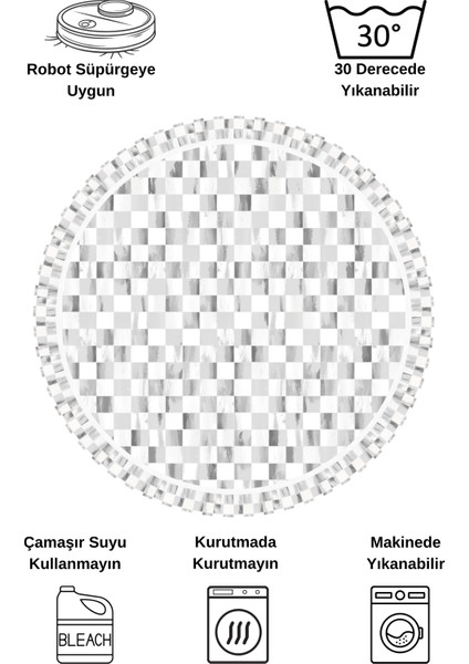 Gri Renk Mackenzie Stili Damalı Lateks Taban Mutfak Halı - Yuvarlak