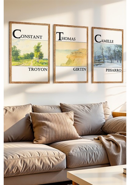 3 Parça Troyon Gırtın ve Pıssarro Temalı Ahşap Çerçeve Görünümlü Mdf Tablo Seti