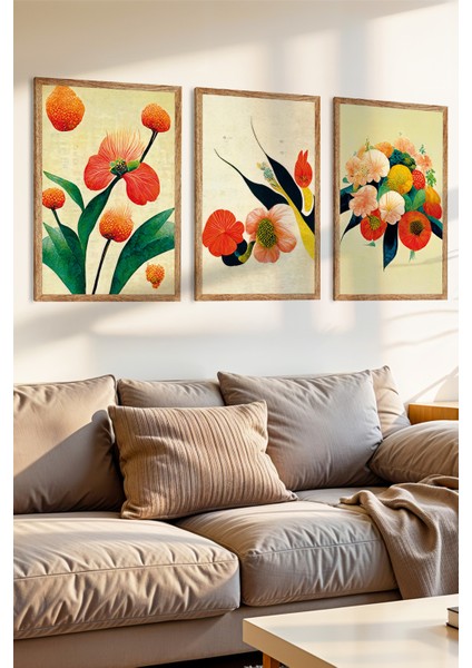 3 Parça Çiçeklenme Halinde Huzur Konsepli Ahşap Çerçeve Görünümlü Mdf Tablo Seti