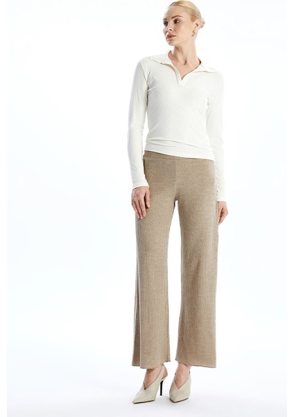 Yeni Sezon Beli Lastikli Parlak Görünümlü Kadın Triko Pantolon