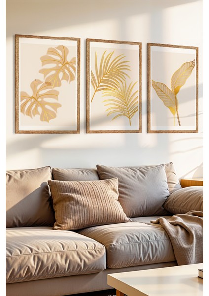 3 Parça Zarif ve Minimalist Doğa Temalı Ahşap Çerçeve Görünümlü Mdf Tablo Seti
