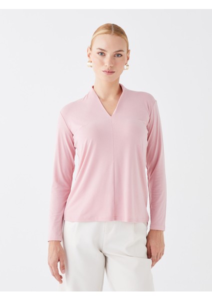 Yeni Sezon V Yaka Düz Uzun Kollu Kadın Bluz