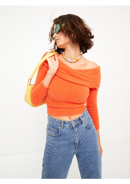 Yeni Sezon Kayık Yaka Düz Uzun Kollu Kadın Triko Kazak