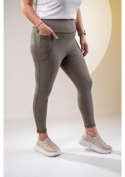 Kadın 1222546 Büyük Beden Cepli Haki Tayt