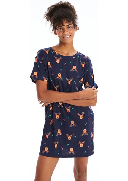 Yeni Sezon Bisiklet Yaka Yılbaşı Temalı Kadın Gecelik