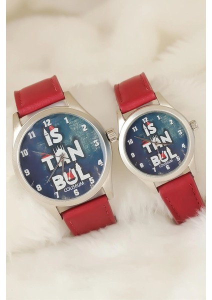 Bordo Renk Deri Kordonlu Istanbul Tasarımlı Sevgili Saatleri - TJ-SGK1367